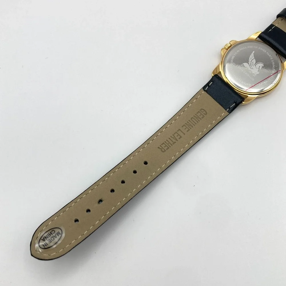 Tourneau Pegasus Watch Women 30mm Gold Tone Black Leather 30M New Battery 8.25